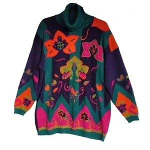 vintage ib diffusion sweater 80's 90's Multicolor Floral Geometric Design Sz...